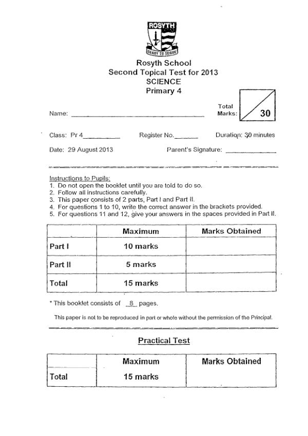 Rosyth P4 Sci WA3 2013 exam paper PDF preview