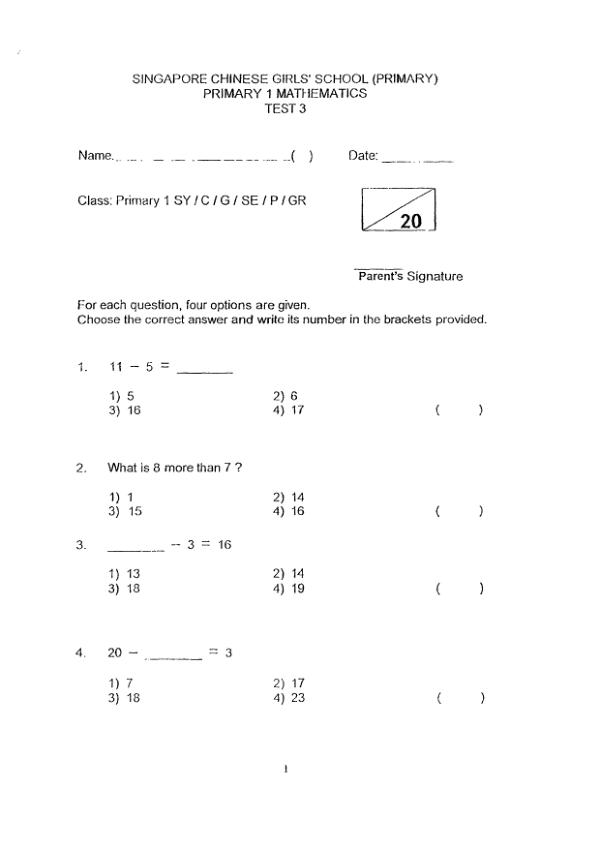 First page preview of P1 Math 2018 WA3 — Singapore Chinese Girls