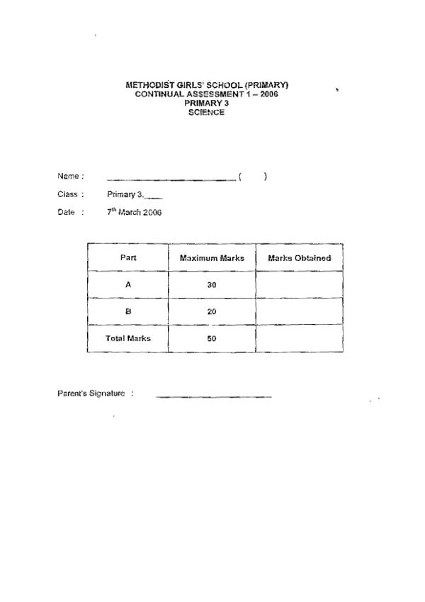 Methodist Girls P3 Sci WA1 2006 exam paper PDF preview