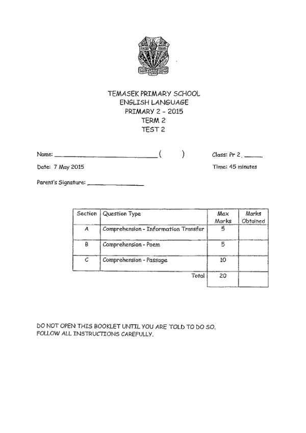 Temasek P2 Eng WA2 2015 exam paper PDF first page preview