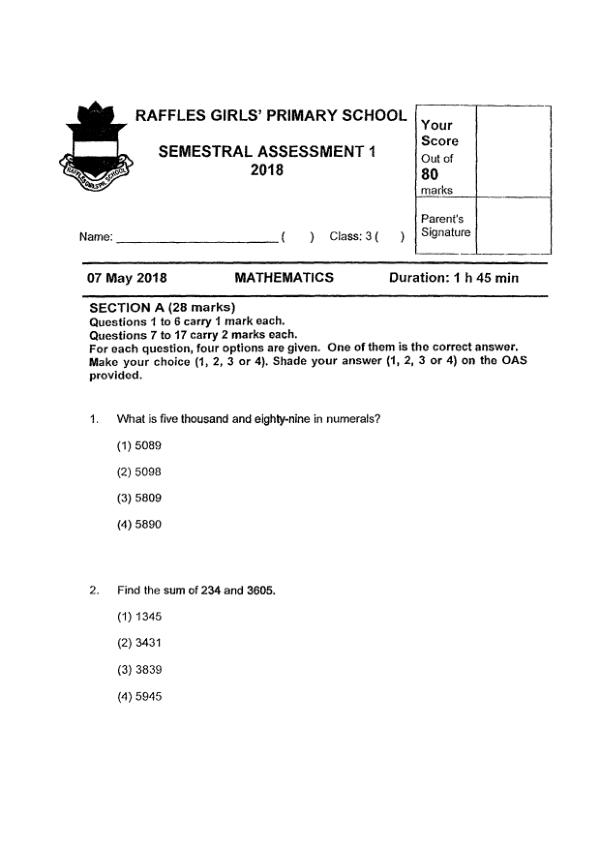 First page preview of P3 Math 2018 WA2 — Raffles Girls