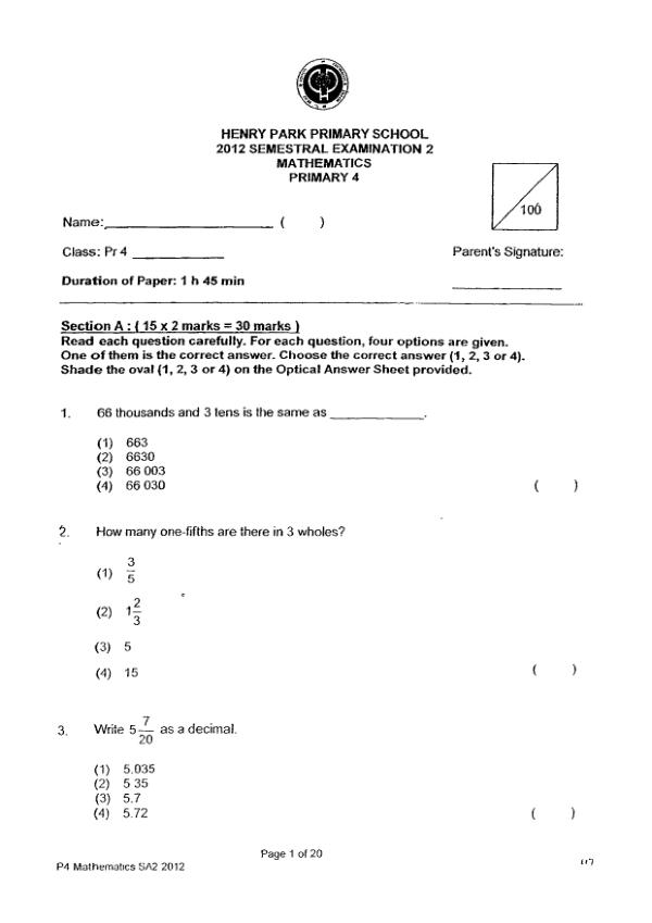 Henry Park P4 Math SA2 2012 exam paper PDF preview
