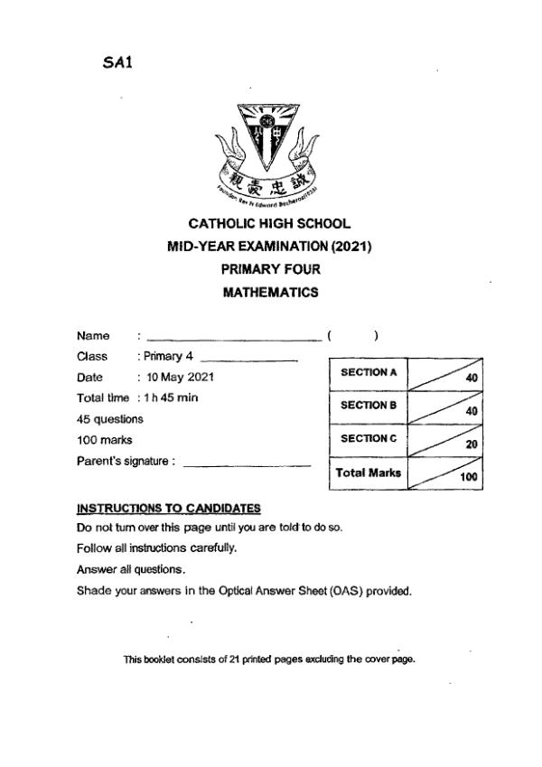 First page preview of P4 Math 2021 WA2 — Catholic High