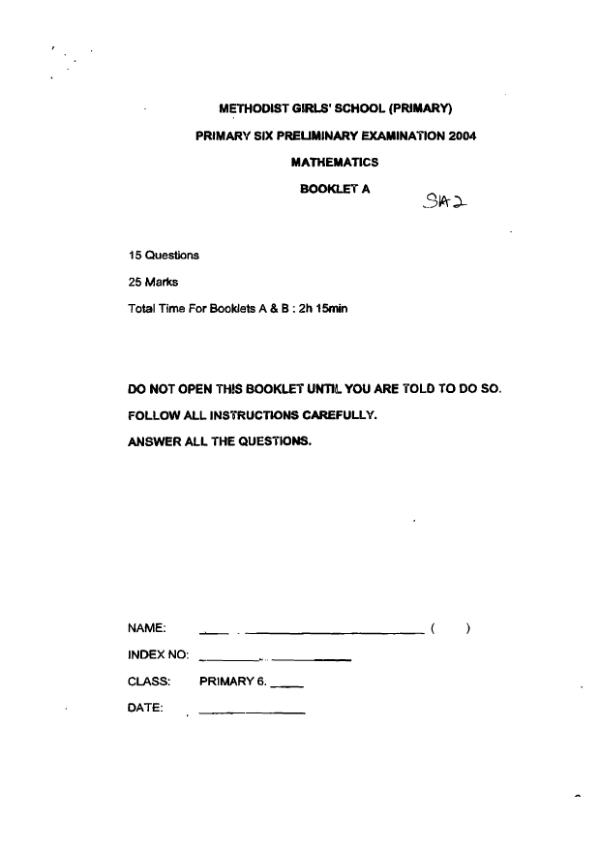 Methodist Girls P6 Math SA2 2004 exam paper PDF preview