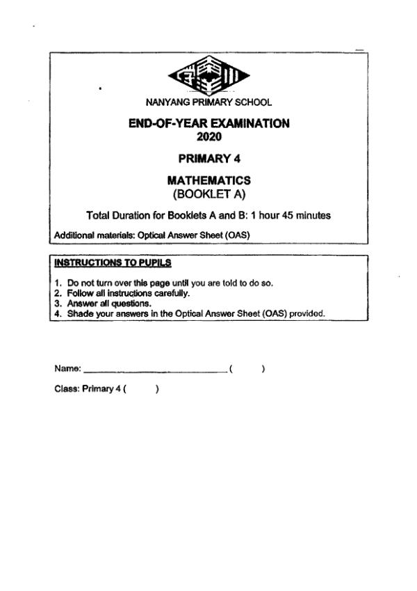First page preview of P4 Math 2020 SA2 — Nanyang