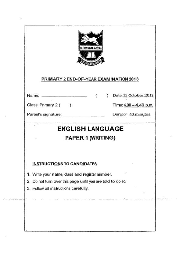 Tao Nan P2 Eng SA2 2013 exam paper PDF preview