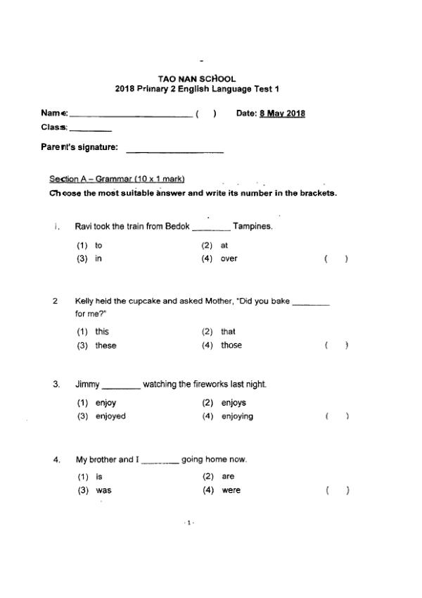 Tao Nan P2 Eng WA1 2018 exam paper PDF preview