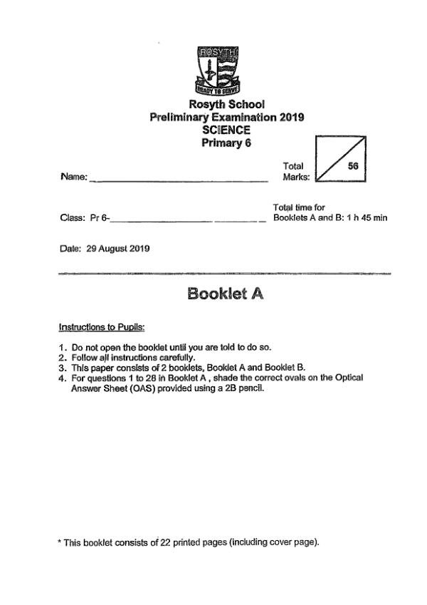 Rosyth P6 Sci SA2 2019 exam paper PDF first page preview