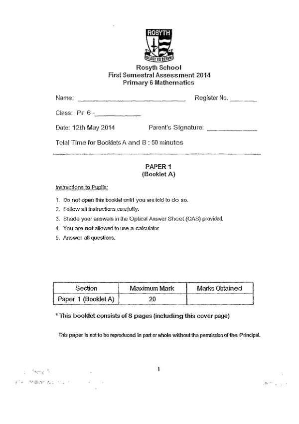 Rosyth P6 Math WA2 2014 exam paper PDF preview