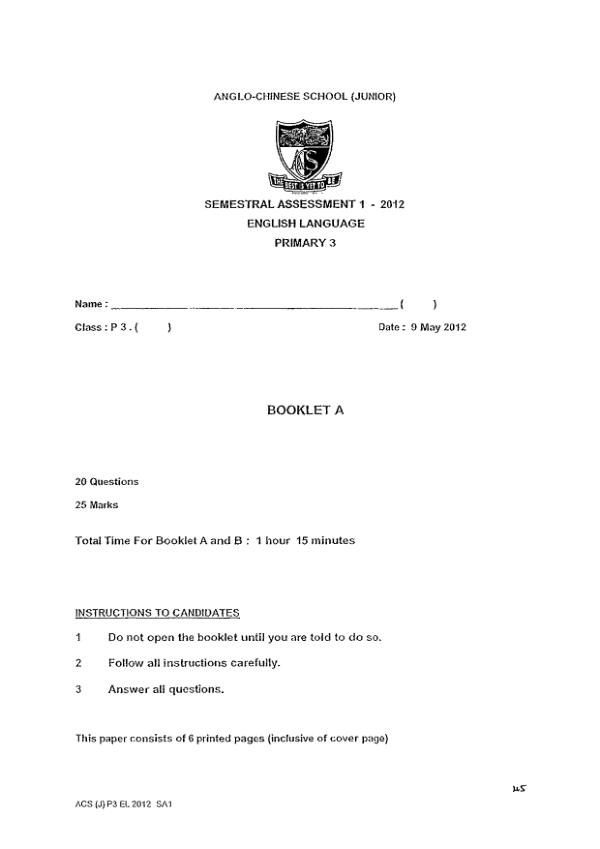 Anglo Chinese P3 Eng WA2 2012 exam paper PDF first page preview