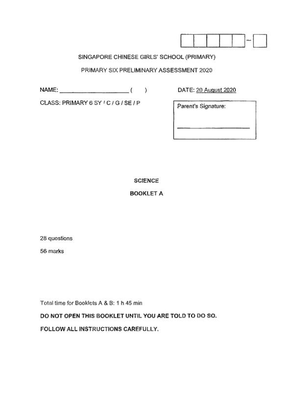 Singapore Chinese Girls P6 Sci SA2 2020 exam paper PDF preview