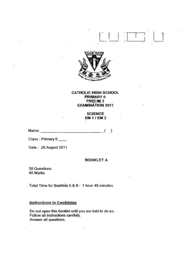 Catholic High P6 Sci SA2 2011 exam paper PDF preview