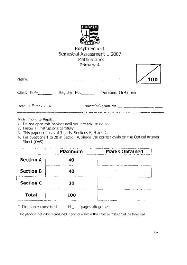 Rosyth P4 Math WA2 2007 exam paper PDF preview