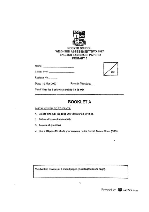 Rosyth P5 Eng WA3 2022 exam paper PDF preview