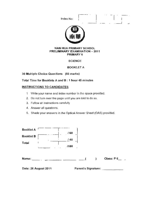Nan Hua P6 Sci SA2 2011 exam paper PDF preview