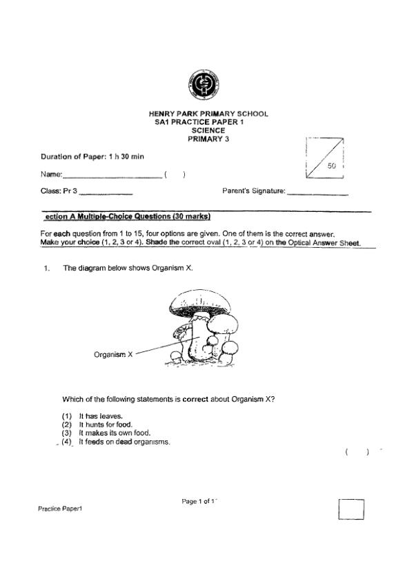 Henry Park P3 Sci WA2 2022 exam paper PDF first page preview