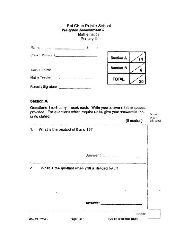 First page preview of P3 Math 2022 WA3 — Pei Chun