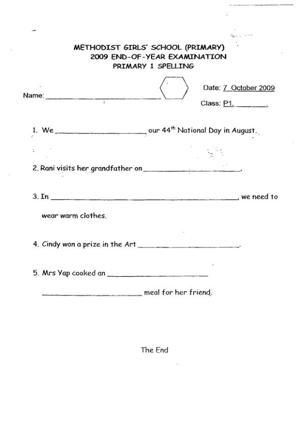Methodist Girls P1 Eng SA2 2009 exam paper PDF first page preview