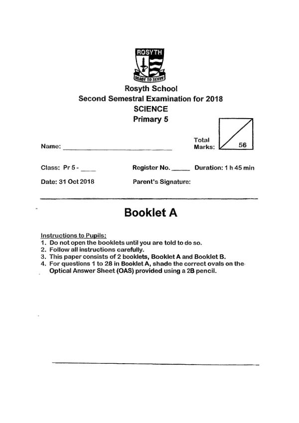 Rosyth P5 Sci SA2 2018 exam paper PDF first page preview