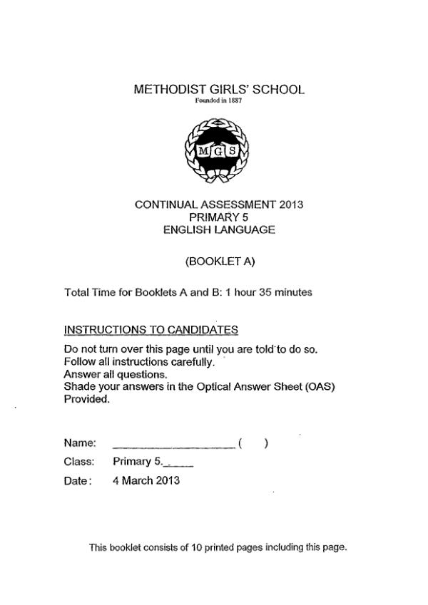 Methodist Girls P5 Eng WA1 2013 exam paper PDF preview