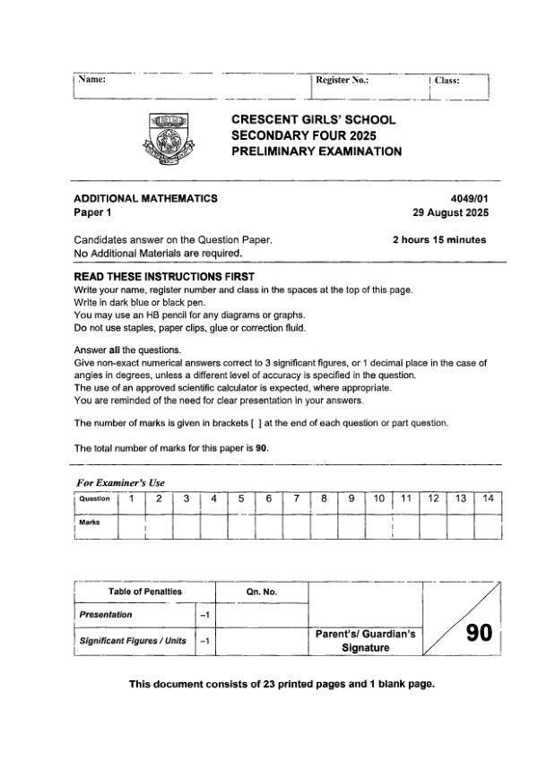 Crescent Girls Sec4 A_Maths Prelim 2025 exam paper PDF preview