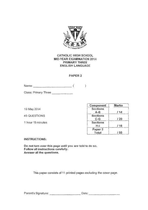 Catholic High P3 Eng WA2 2014 exam paper PDF preview
