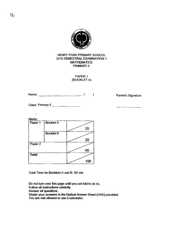 First page preview of P5 Math 2016 WA2 — Henry Park