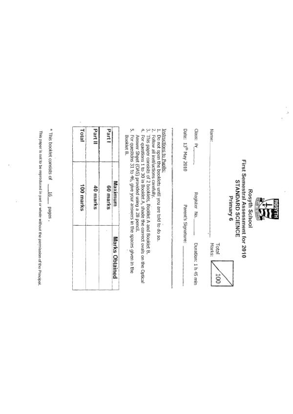 Rosyth P6 Sci WA2 2010 exam paper PDF first page preview