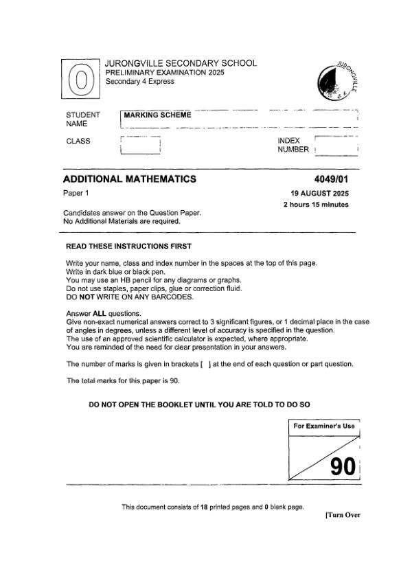 Jurongville Sec4 A_Maths Prelim 2025 exam paper PDF preview