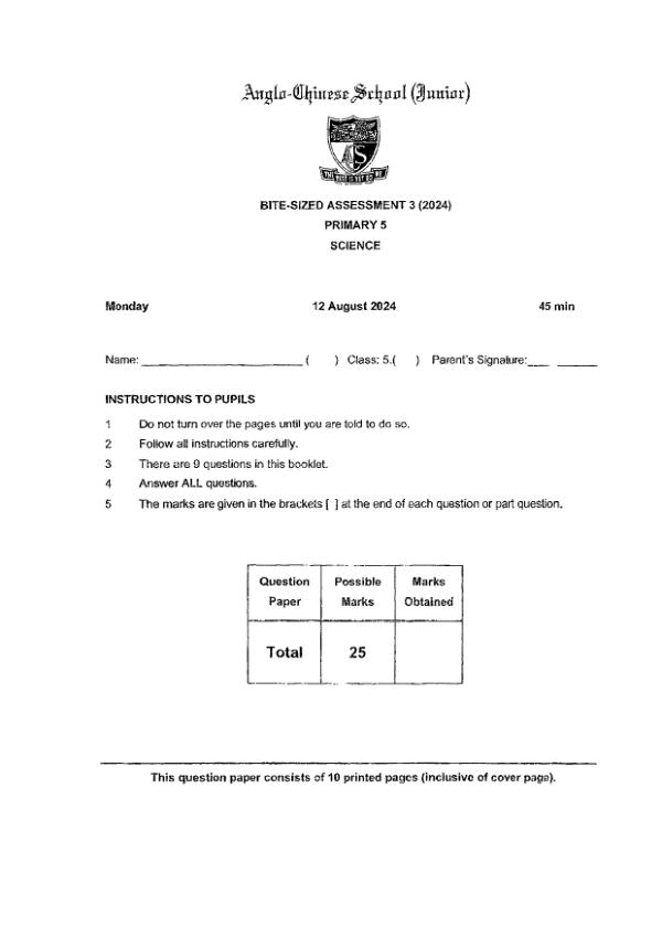 First page preview of P5 Sci 2024 WA3 — Anglo Chinese