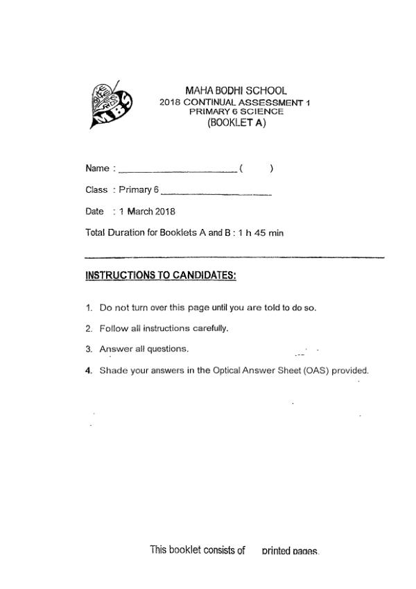 Maha Bodhi P6 Sci WA1 2018 exam paper PDF first page preview