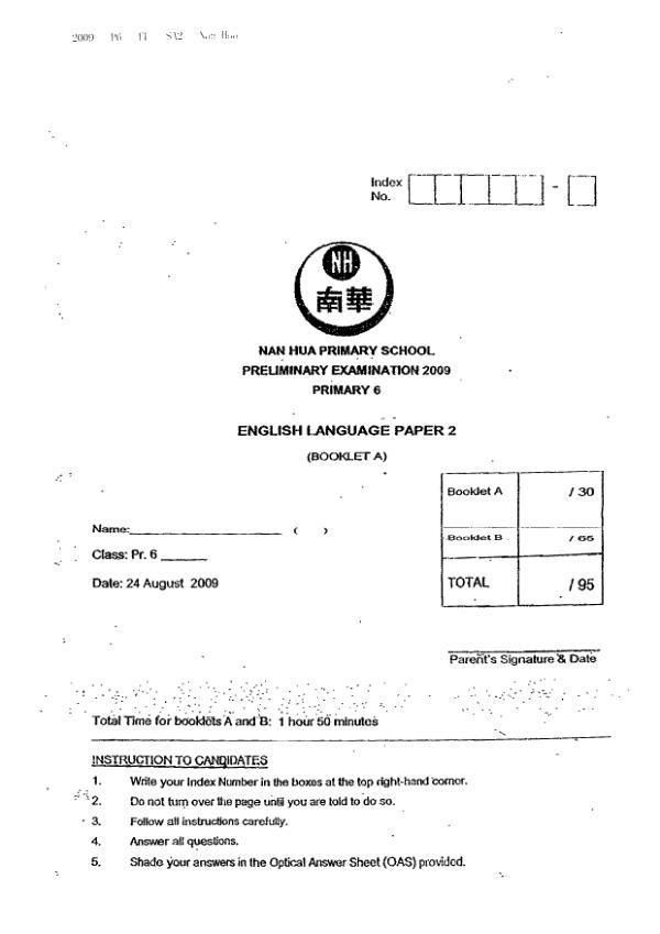 Nan Hua P6 Eng SA2 2009 exam paper PDF preview