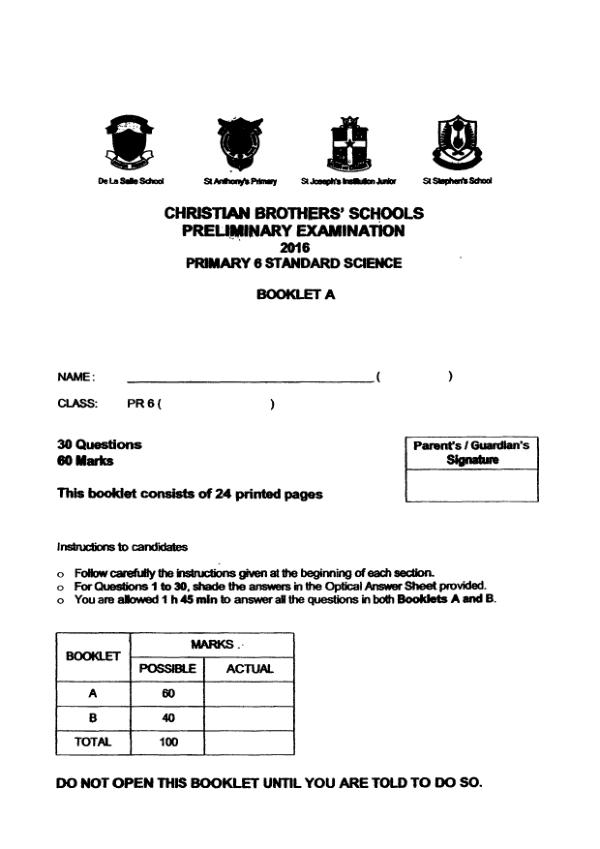 Christian Brothers P6 Sci SA2 2016 exam paper PDF preview