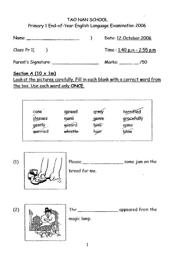 Tao Nan P1 Eng SA2 2006 exam paper PDF first page preview
