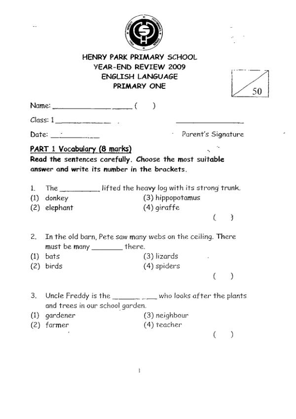 Henry Park P1 Eng SA2 2009 exam paper PDF preview