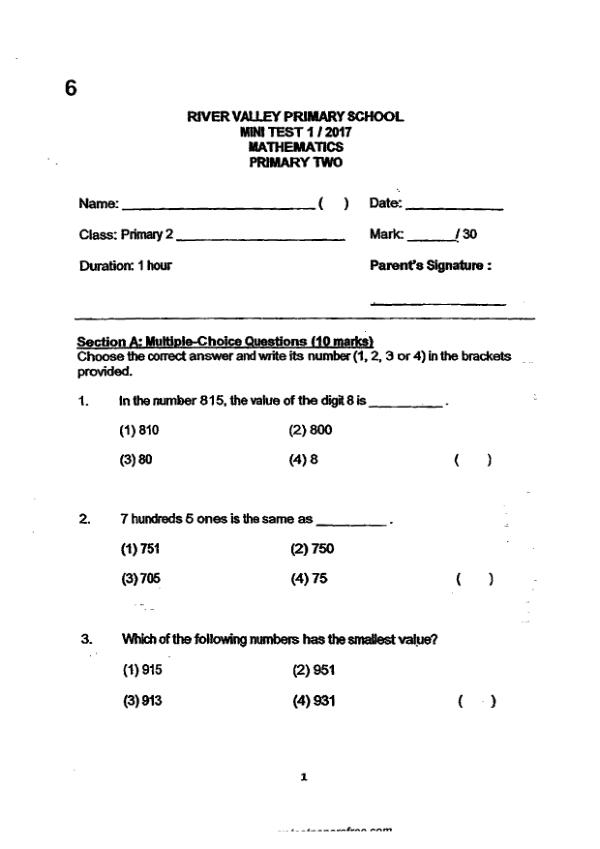 First page preview of P2 Math 2017 WA1 — River Valley