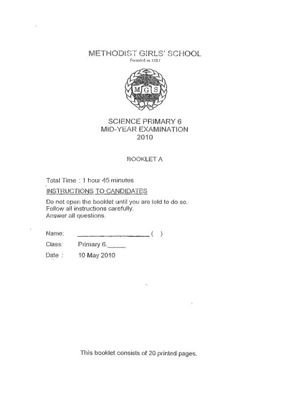 Methodist Girls P6 Sci WA2 2010 exam paper PDF first page preview