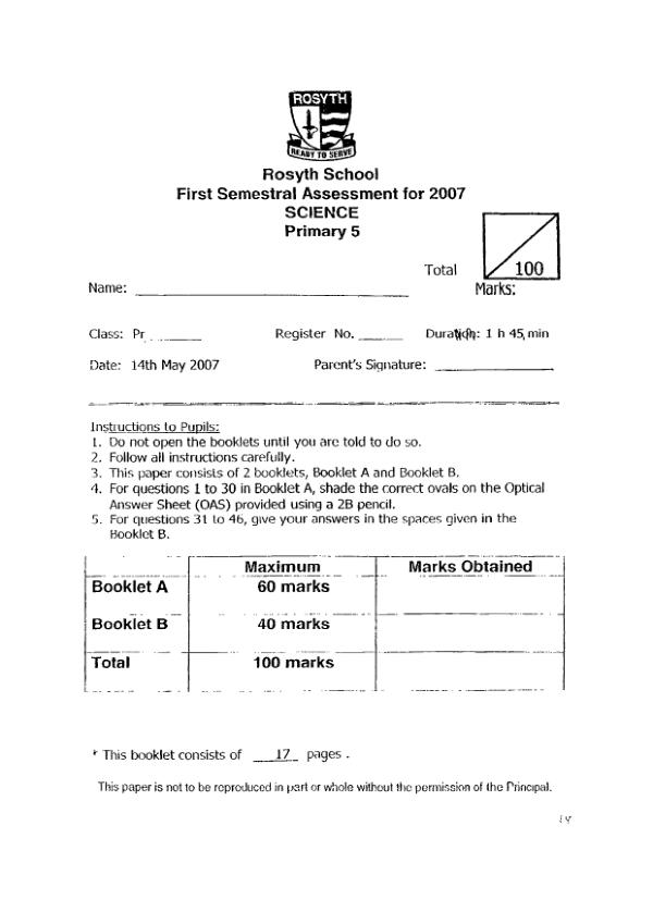 Rosyth P5 Sci WA2 2007 exam paper PDF preview