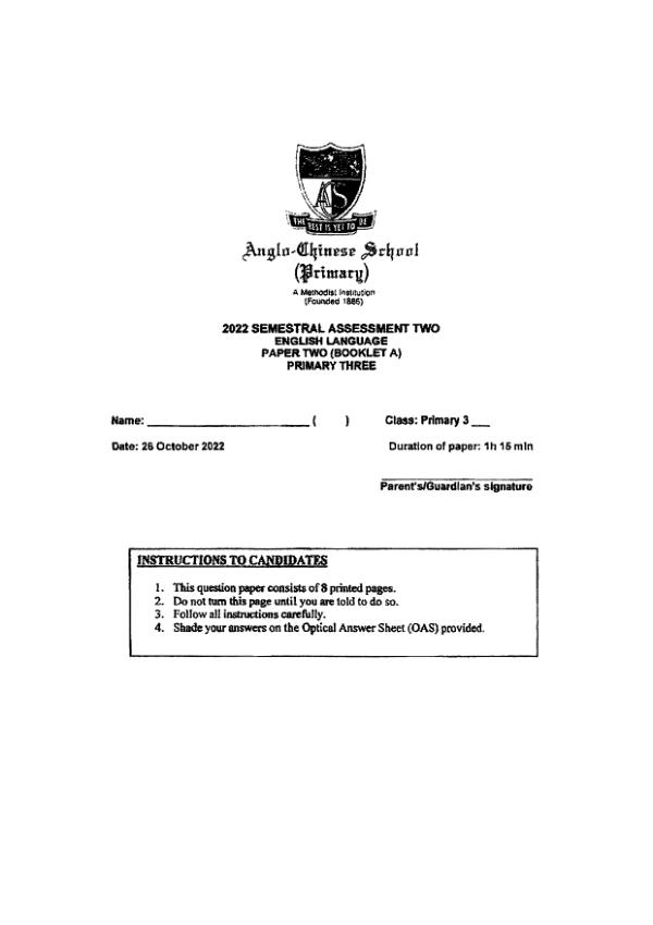 Anglo Chinese P3 Eng SA2 2022 exam paper PDF first page preview