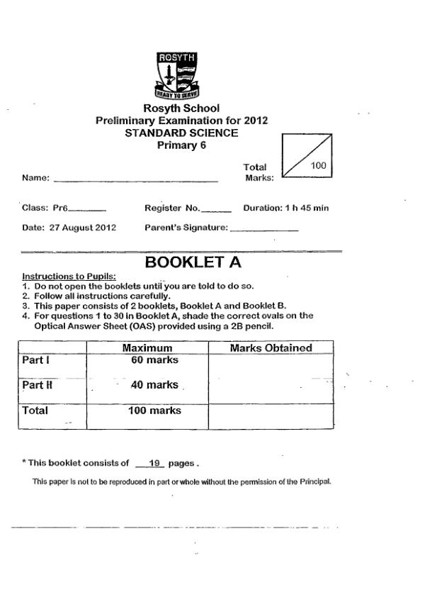 Rosyth P6 Sci SA2 2012 exam paper PDF preview