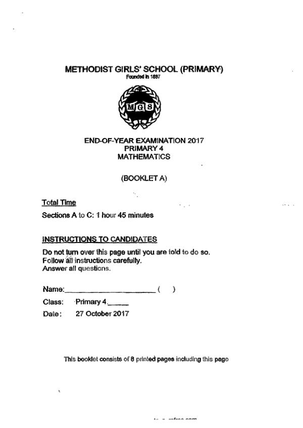 First page preview of P4 Math 2017 SA2 — Methodist Girls