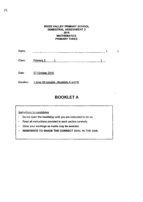 First page preview of P3 Math 2016 SA2 — River Valley