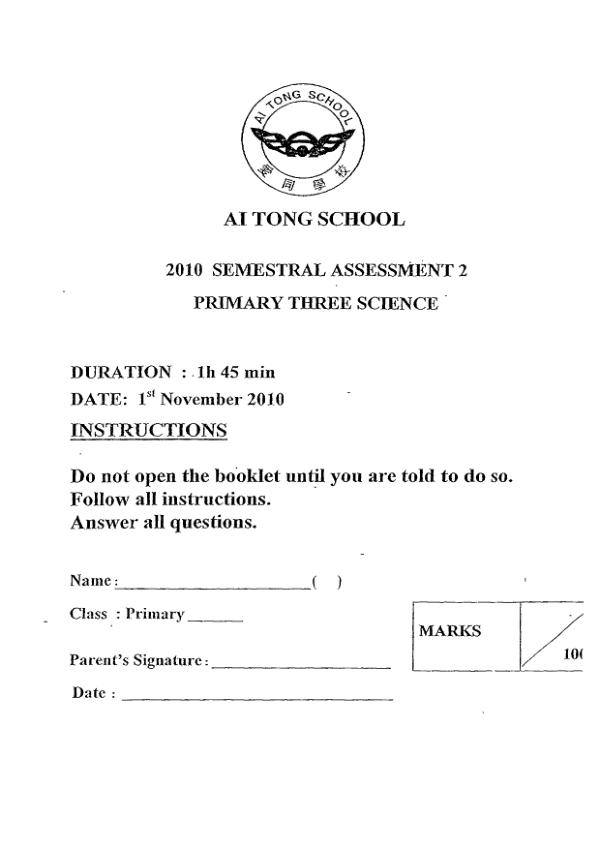 Ai Tong P3 Sci SA2 2010 exam paper PDF preview