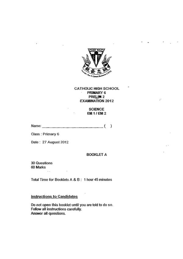 Catholic High P6 Sci SA2 2012 exam paper PDF preview
