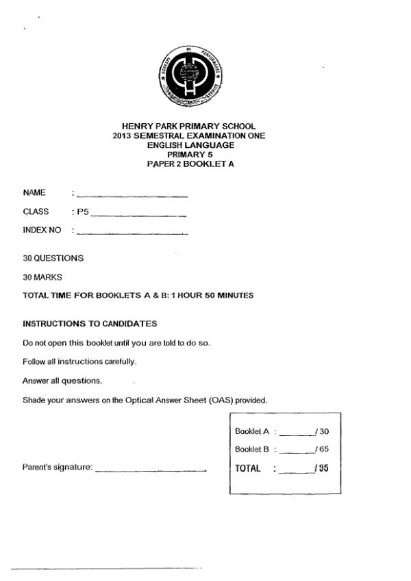 Henry Park P5 Eng WA2 2013 exam paper PDF preview