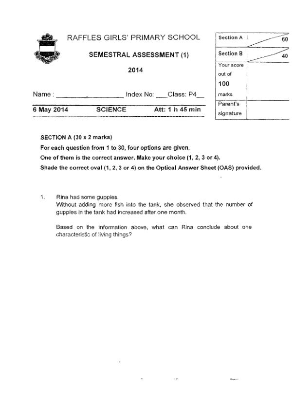 Raffles Girls P4 Sci WA2 2014 exam paper PDF first page preview