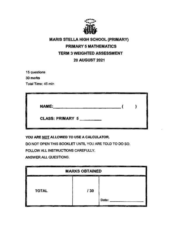 First page preview of P5 Math 2021 WA3 — Maris Stella High