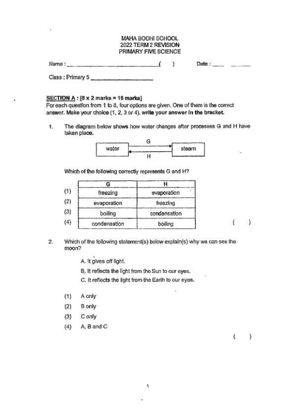 Maha Bodhi P5 Sci WA3 2022 exam paper PDF preview