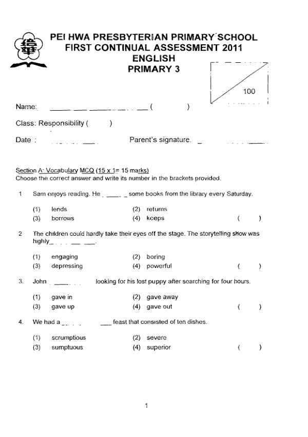 Pei Hwa P3 Eng WA1 2011 exam paper PDF first page preview