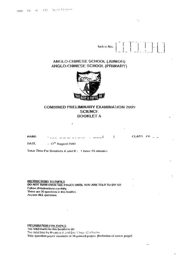 Anglo Chinese P6 Sci SA2 2009 exam paper PDF preview